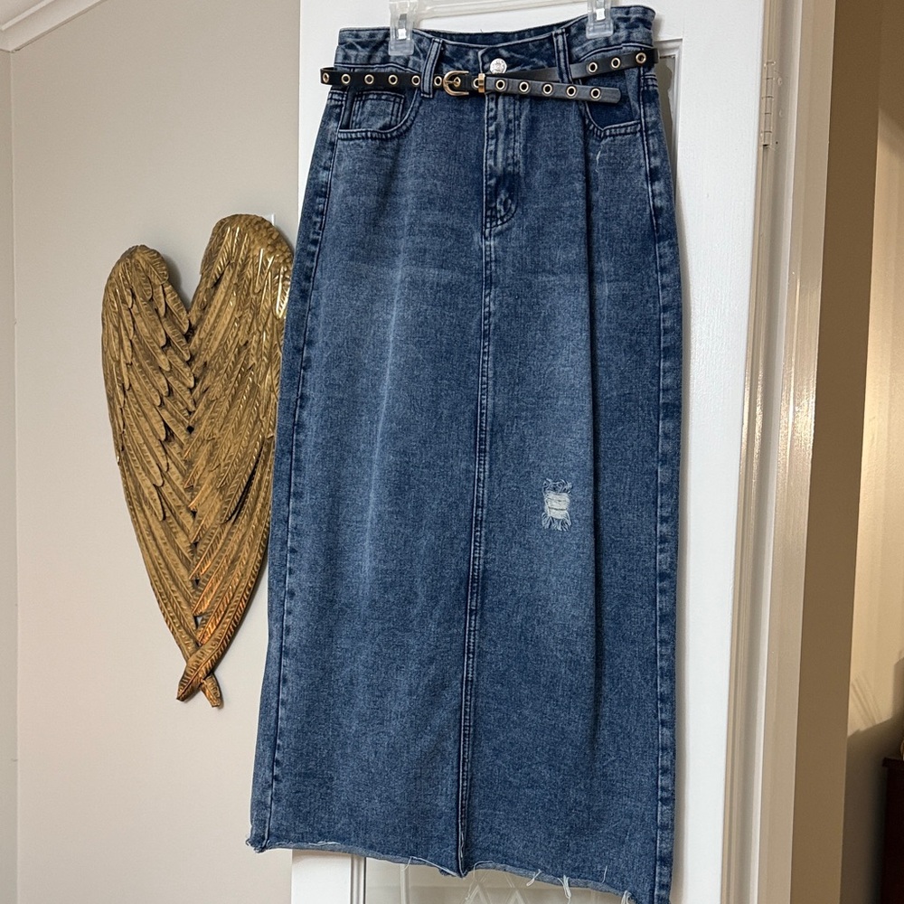 Classic Blue Denim Midi Skirt with Belt